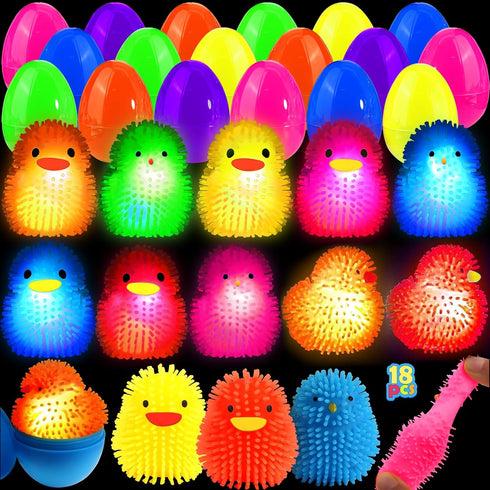 18 Pack Easter Eggs Filled with LED Chick Puffer Balls, Easter Basket
