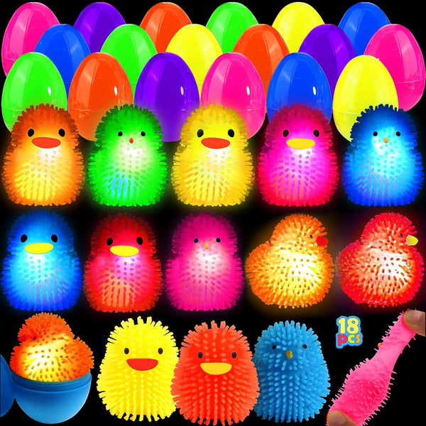 18 Pack Easter Eggs Filled with LED Chick Puffer Balls, Easter Basket