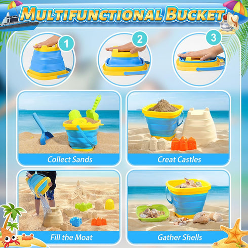 Set 1-3 4-8 Summer Collapsible Beach Sand Toys for Kids - Includes Bucket, Mesh Shovel, Filter Scooper & Castle Molds