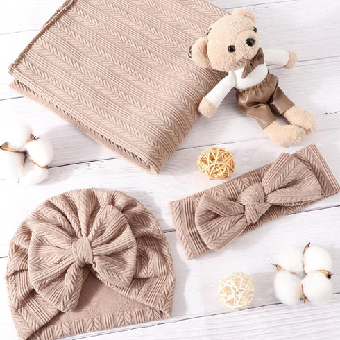 DRESHOW BQUBO Newborn Receiving Blanket with Matching Bow Hat and Headband Shower Gift for Girls