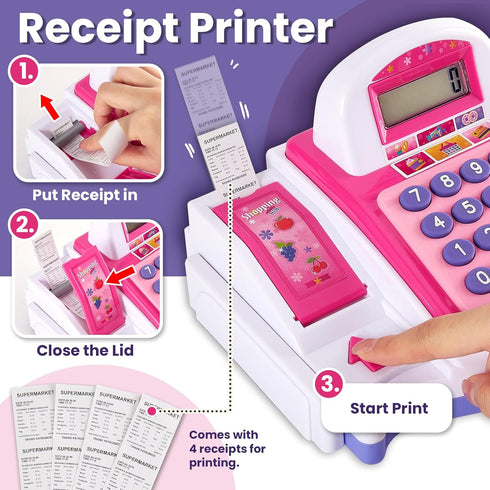 3 4-8+ BUYGER Kids Cash Register Toy with Scanner, Receipt Printer, Microphone, Shopping Play Food - Pretend Role Play