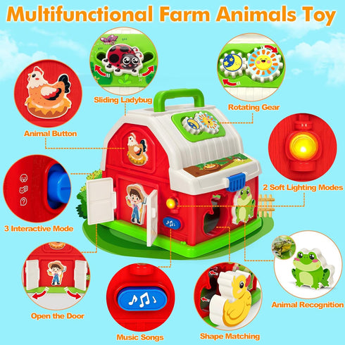 1 2 3 1-3, 12-18 Montessori Toddler Toys for Year Old Boys Girls, Musical Farm Animals Barn Toy with Sound & Light