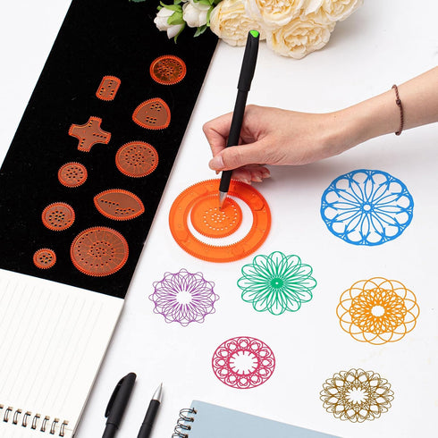 Chivao Spiral Art Gear Geometric Ruler, Plastic Template for Drawing, Spiral Curve Stencils with Pens for DIY Art