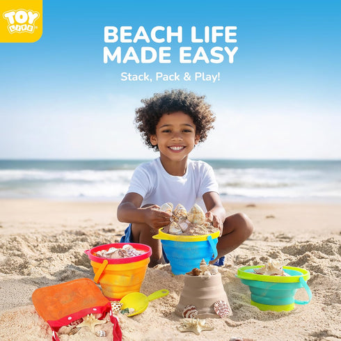 3 3 TOY Life Collapsible Beach Bucket Toys for Kids Beach Essentials with Portable Seashell Bags & Silicone Collapsible