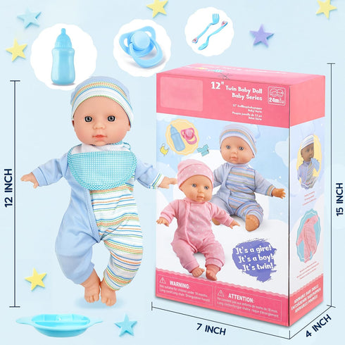 12 inch Set 2 3 4 5 Set Toy Choi's Twin Baby Dolls - Two Soft Body Black and White Doll with Accessoires, Dolls Play
