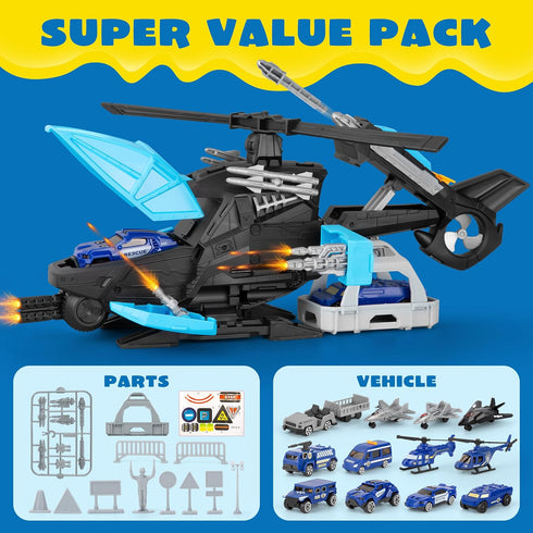Playset XDUOYJOY Police Helicopter Toy with Vehicles, Fighter Jets, Airplane, SWAT Truck and Roadblocks, Police Rescue