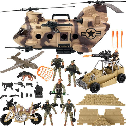 26 PCS Army Men Helicopter Carrier Toys, Military Soldier Action Figures, Jumbo Transport Aircraft with Lights & Sound