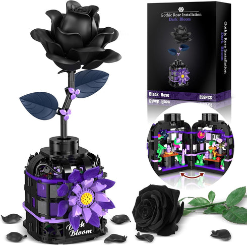 Alagoo Gothic Black Roses Building Blocks Kit, Mysterious Dark Bloom with Vase