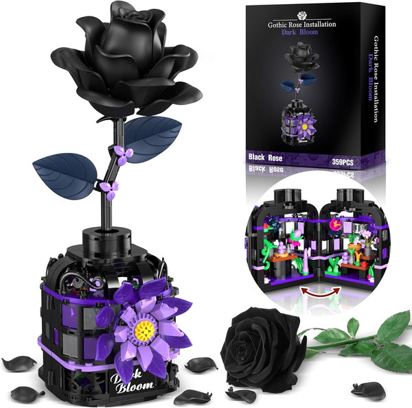 Alagoo Gothic Black Roses Building Blocks Kit, Mysterious Dark Bloom with Vase