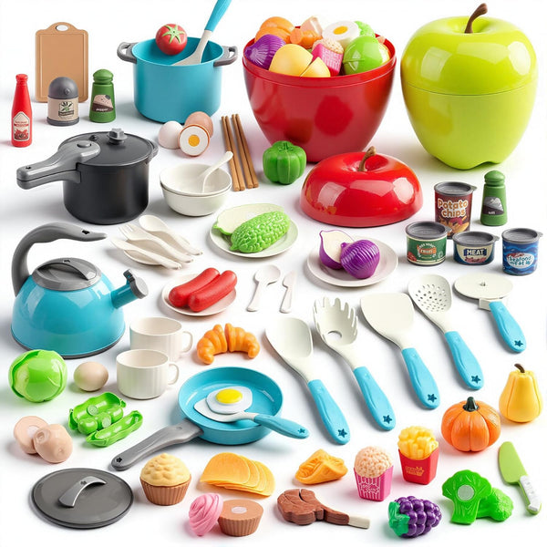 Funpynani 100Pcs Kitchen Playset, Kids Pretend Cooking Play Pots, Pans, Utensils, Cookware, Toy