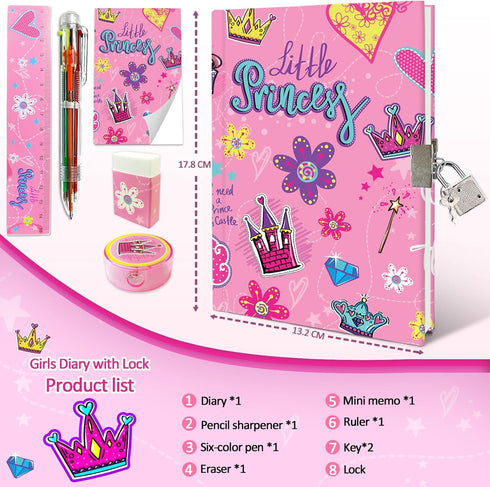 Princess Girls Diary with Lock, Set of Kids Journal with Lock & Pen (6-Multicolor), Writing Notebooks for Gifts