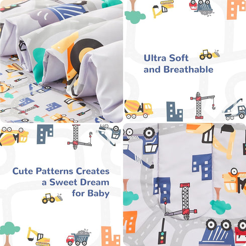 lasoftan Set 4 Sets, Set Construction Toddler Bedding for Boys, Piece Bed-in-a-Bag Toddler Comforter Excavator, Cars