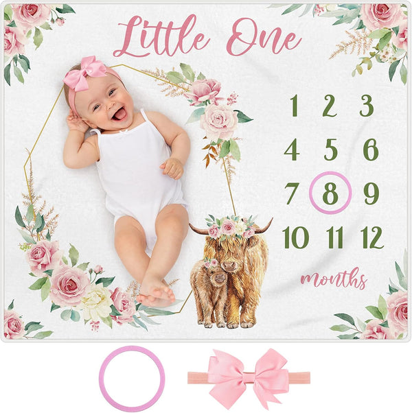 Mixweer Baby Monthly Milestone Blanket, 47" x 40'' Baby Cow Milestone Blanket with Bow Headband and Felt Circle