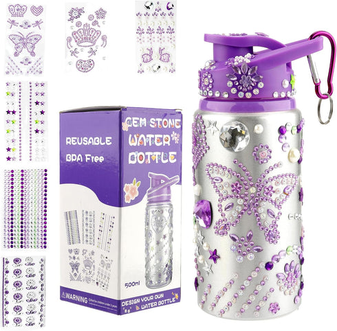 DIY Decorate Your Own Water Bottle for Girls, Gift for Kids, Purple Arts and Crafts Kits, Back to School Supplies