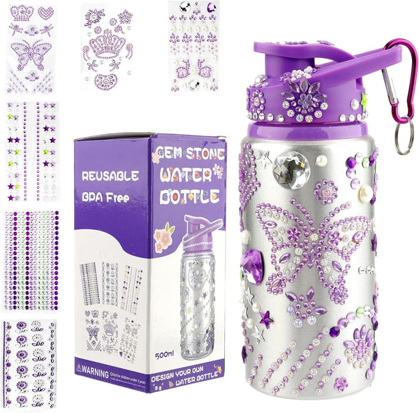 DIY Decorate Your Own Water Bottle for Girls, Gift for Kids, Purple Arts and Crafts Kits, Back to School Supplies