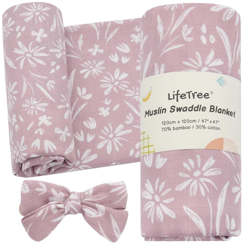 LifeTree Baby Swaddle Blanket and Bow Set, Mauve Floral Muslin Newborn Swaddle