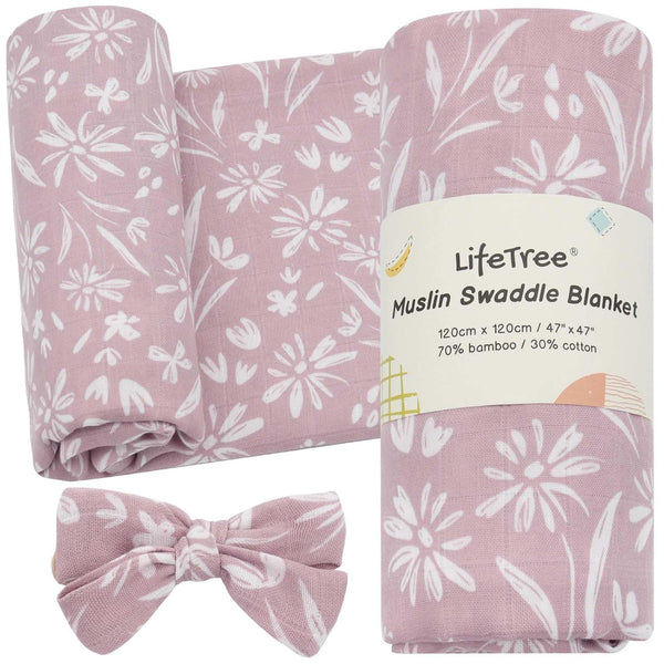 LifeTree Baby Swaddle Blanket and Bow Set, Mauve Floral Muslin Newborn Swaddle