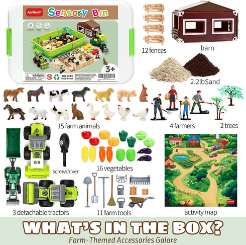 69 Playset, 3 4 5, 6 7 Aprilwolf PCS Farm Sensory Bin Toys Sandboxes with Sand, Farmer Tractor & Farm Animals Figures