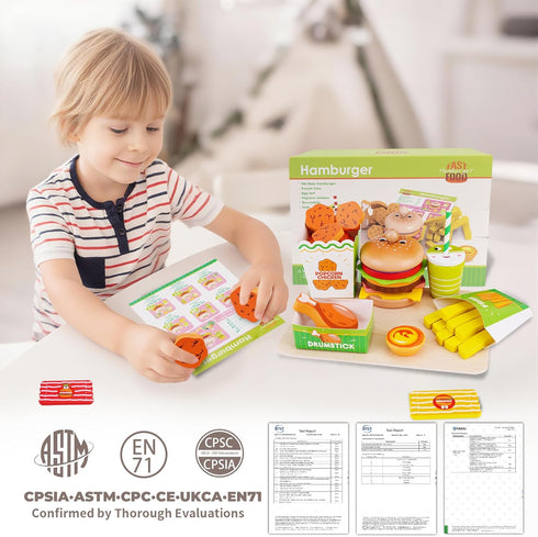 Set 3 4 5 Montessori Toys Pretend Play Food for Year Old, Wooden Fast Food Play Kitchen with Hamburger, Fries, Egg