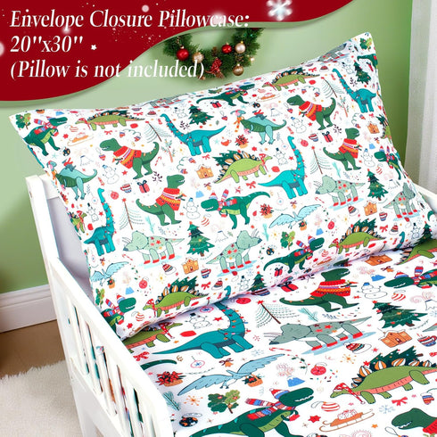 Set 2 Set JISEN Christmas Toddler Bedding Piece Dinosaur Toddler Sheet for Boys Girls Include Fitted Sheet