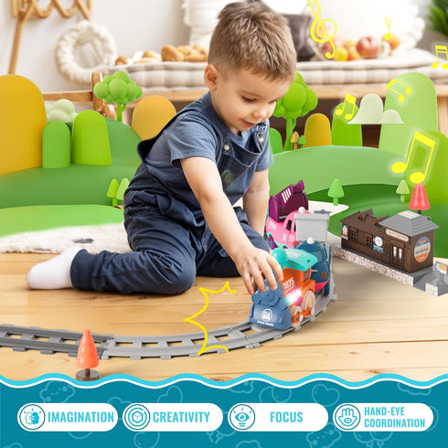 Set MORECOLL Electric Train for Toddlers & Kids w/Music, Lights & Tracks - First Choo Choo Train, Magnetic Connection