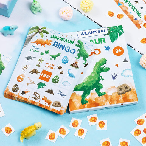 WERNNSAI Watercolor Dinosaur Bingo Party Games - 24 Players Dino Birthday Bingo Cards for Kids