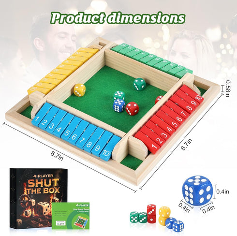 Uowivi 2-4 Shut The Box Game - Math Dice Board Game for Family Night Classroom Travel, Wooden Table for Players