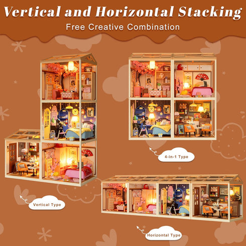 115 DIY Retro Coffee Shop Miniature House Kit, Pieces Mini Dollhouse with Furniture & LED Light with Roof & Dust Covers