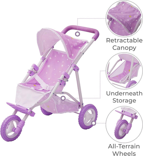 Purple and White Baby Doll Jogging Stroller with Canopy