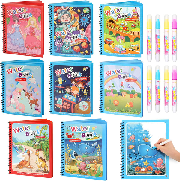 8 Pack Reusable Water Coloring Books for Toddlers, Mess-Free Paint with Water Books, Portable Educational Doodle Toy