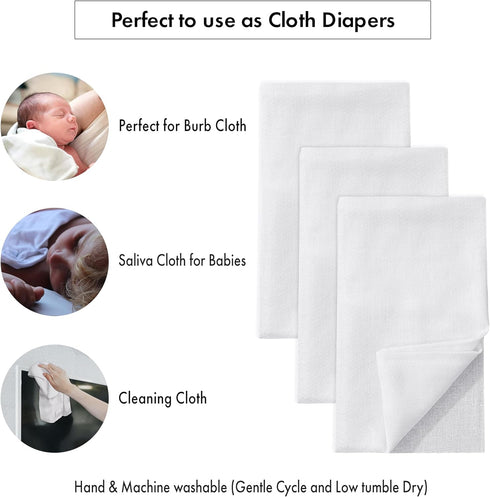 10 Pack, 100% 23x23 Inches, RUVANTI Unisex Birdseye Flat-Fold Cloth Diapers for Babies Cotton Reusable Diaper Inserts