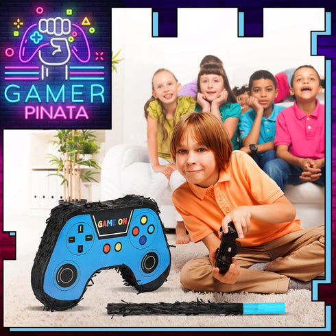 Meooeck 90 Video Game Party Favors, Game Controller Piñata, Blindfold, Confetti, Keychain, Gamer Birthday Decorations