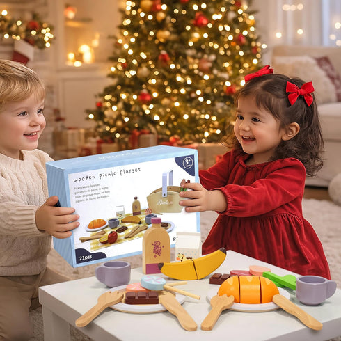 Set 21 Settings 3+ Pillowhale Wooden Picnic Basket Play Food PCS Pretend Kids Kitchen Toy with Blanket, Cutting Fruit