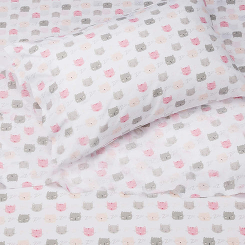 3-Piece Set, Amazon Basics Kid's Soft Easy-Wash Lightweight Microfiber Sheet Toddler, Pink Kitties