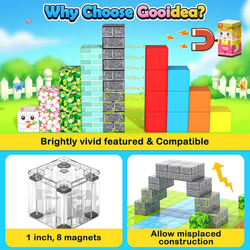 108PCS 1 inch 3+ Magnetic Blocks Kids Magnet Toys, Large Building Cubes with Puzzle Panel, Mine Magworld Easter Bunny