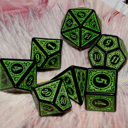 Carving in Green Black DND Dice Set for Board Games