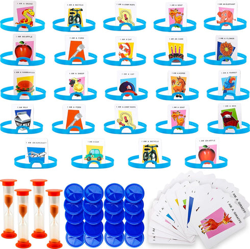 4 Set Headband Game Guessing Who Am I Game with Headbands, Picture Cards, Scoring Coins & Sand Clock