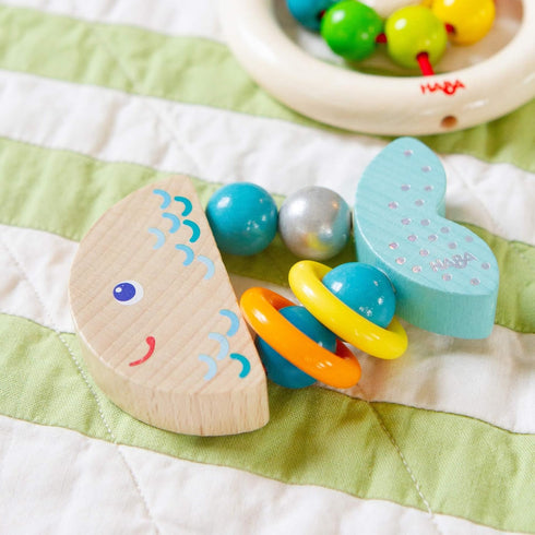 HABA Rattlefish Wooden Baby Rattle and Teething Toy, Teething Toys for 6-12 Months, Made in Germany