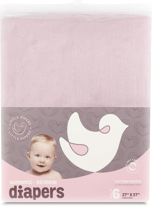 Little Pipers 100% 6 Pack Deluxe Natural Cotton Birdseye Cloth Diapers for Babies - Absorbent Cloth Diapers Burp Cloths
