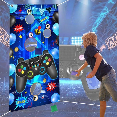 Video Game Toss Games: Level Up Game Controller Banner Backdrop with 3 Bean Bags for Kids - Blue Gaming Party Supplies