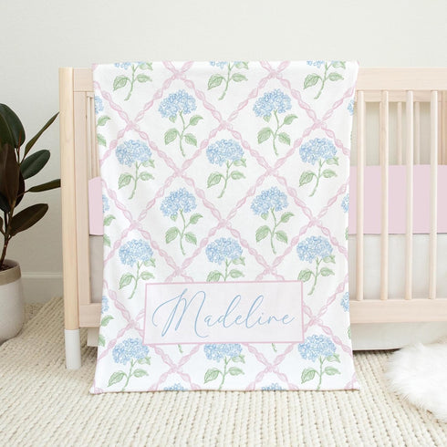 Personalized Baby Girl Blanket, Pink Heirloom Floral Blanket, Hydrangea Bow Baby Blanket,