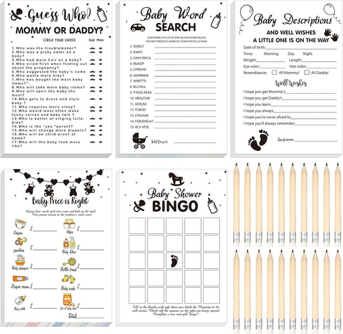 Yinder 145 Pieces Baby Shower Games for Boy or Girl, Game Activities Cards with 20 Pencils, Simple Style