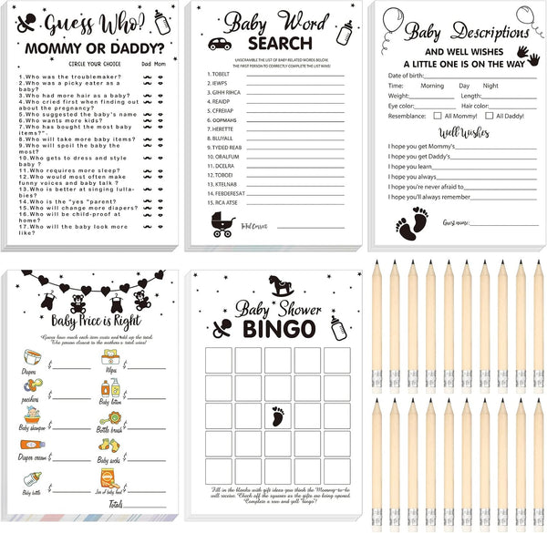Yinder 145 Pieces Baby Shower Games for Boy or Girl, Game Activities Cards with 20 Pencils, Simple Style