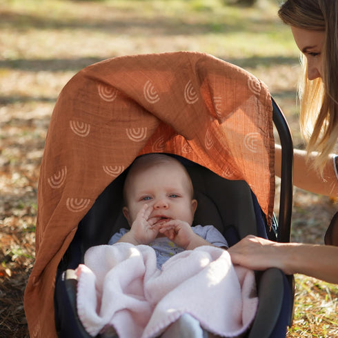 Meracorallo Muslin Baby Car Seat Cover, Boho Rainbow Infant Carrier Cover Lightweight Breathable Soft Carseat Canopy