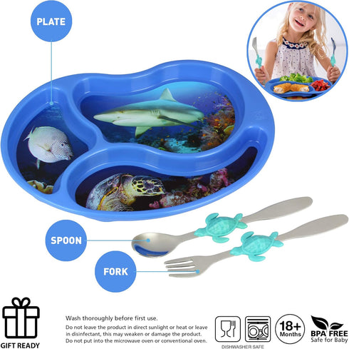 Kids Divided Plate with Utensils - Children's Meal Set with Plate, Fork, and Spoon - Ocean