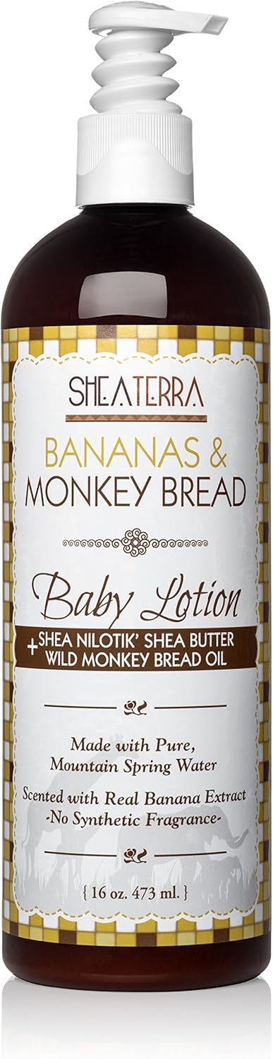 Shea Terra Organics Mama and Baby Collection | Bananas & Monkey Bread Baby Lotion, 16oz - Non Toxic All Natural