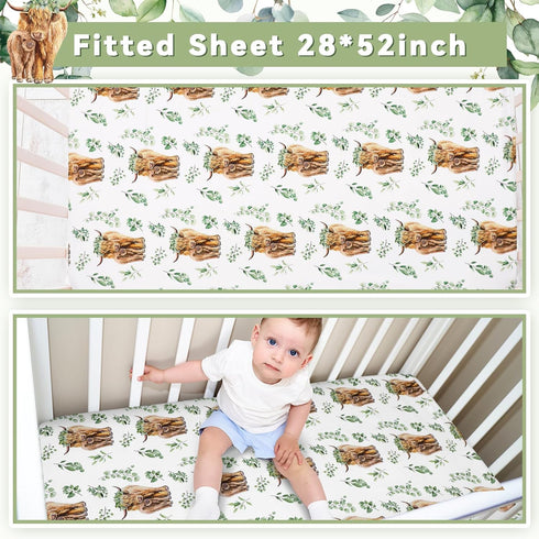 HunnmingRe Set 3 Set Baby Highland Cow Crib Bedding Pcs Crib Baby Blanket, Fitted Sheet, Pillowcase Soft Flannel