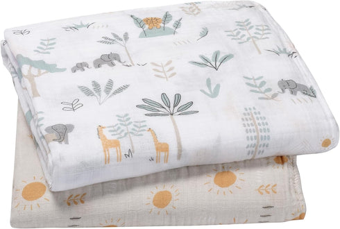 2-Pack Lambs & Ivy Jungle Adventure Cotton Muslin Newborn Baby Swaddle Blankets