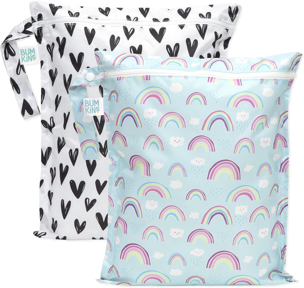 Bumkins Waterproof Wet Bag for Baby, Reusable Zip Bag for Travel, Swim Suit, Cloth Diapers, Daycare, 2-pk