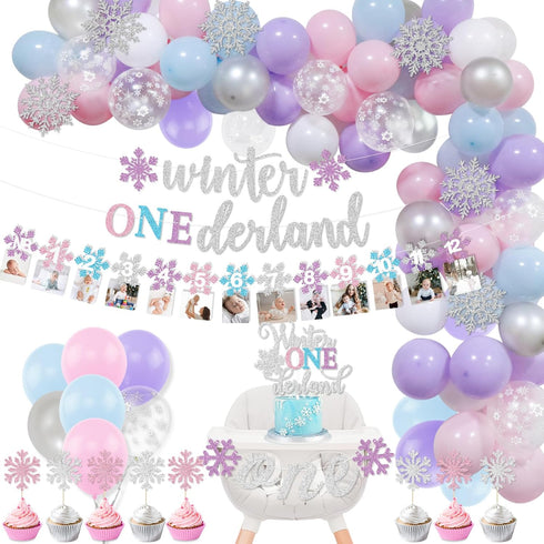 Winter Onederland 1st Birthday Decorations Girl, Winter Onederland Banner, Snowflake Photo Garland